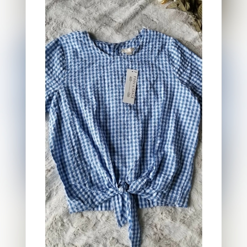 Finn & Grace Blue White Picnic Pattern Tie‎ Front S